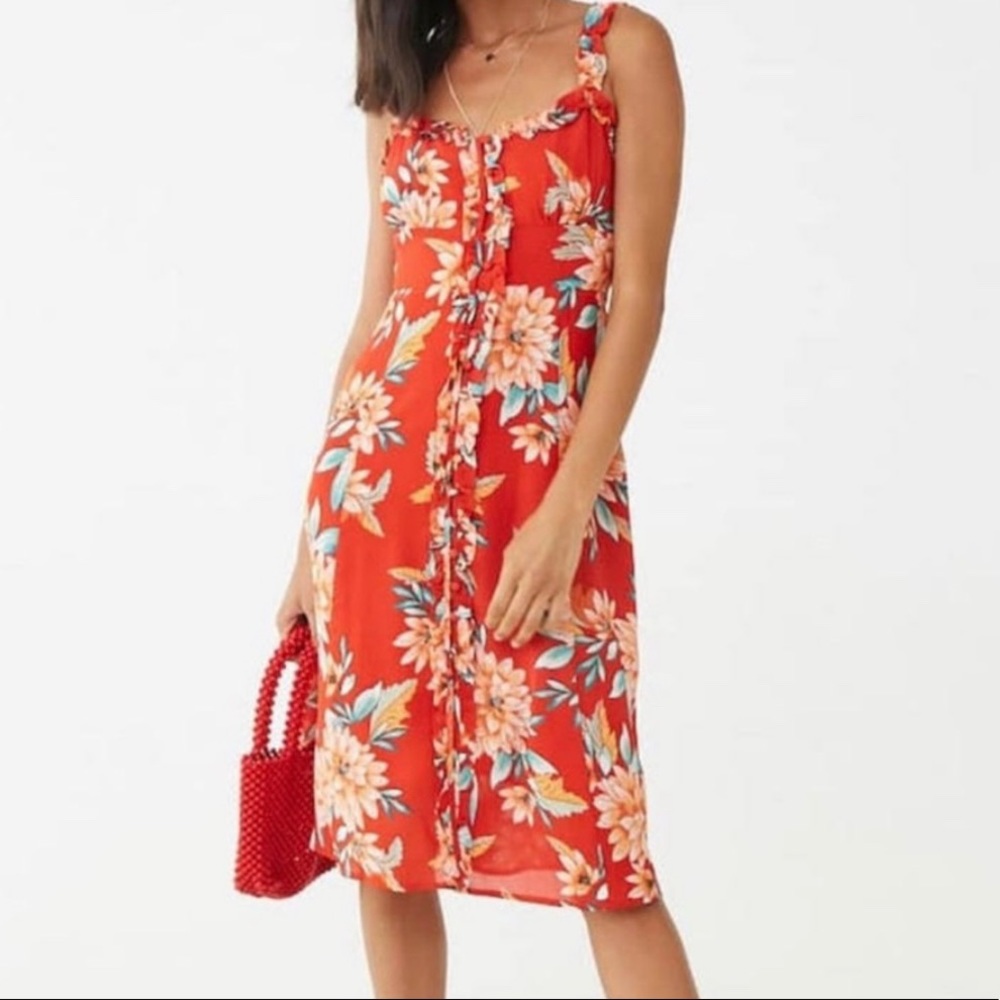 Forever 21 Tropical Hawaiian Floral Print Button Front Midi Dress Size Medium